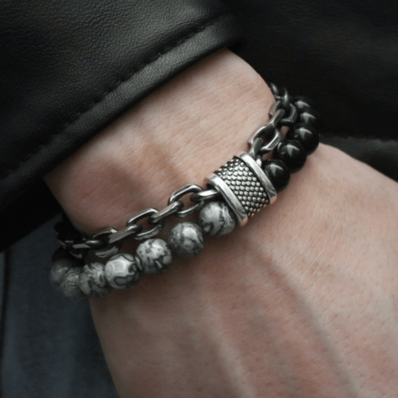 Men's Natural Map Stone Beaded Bracelet